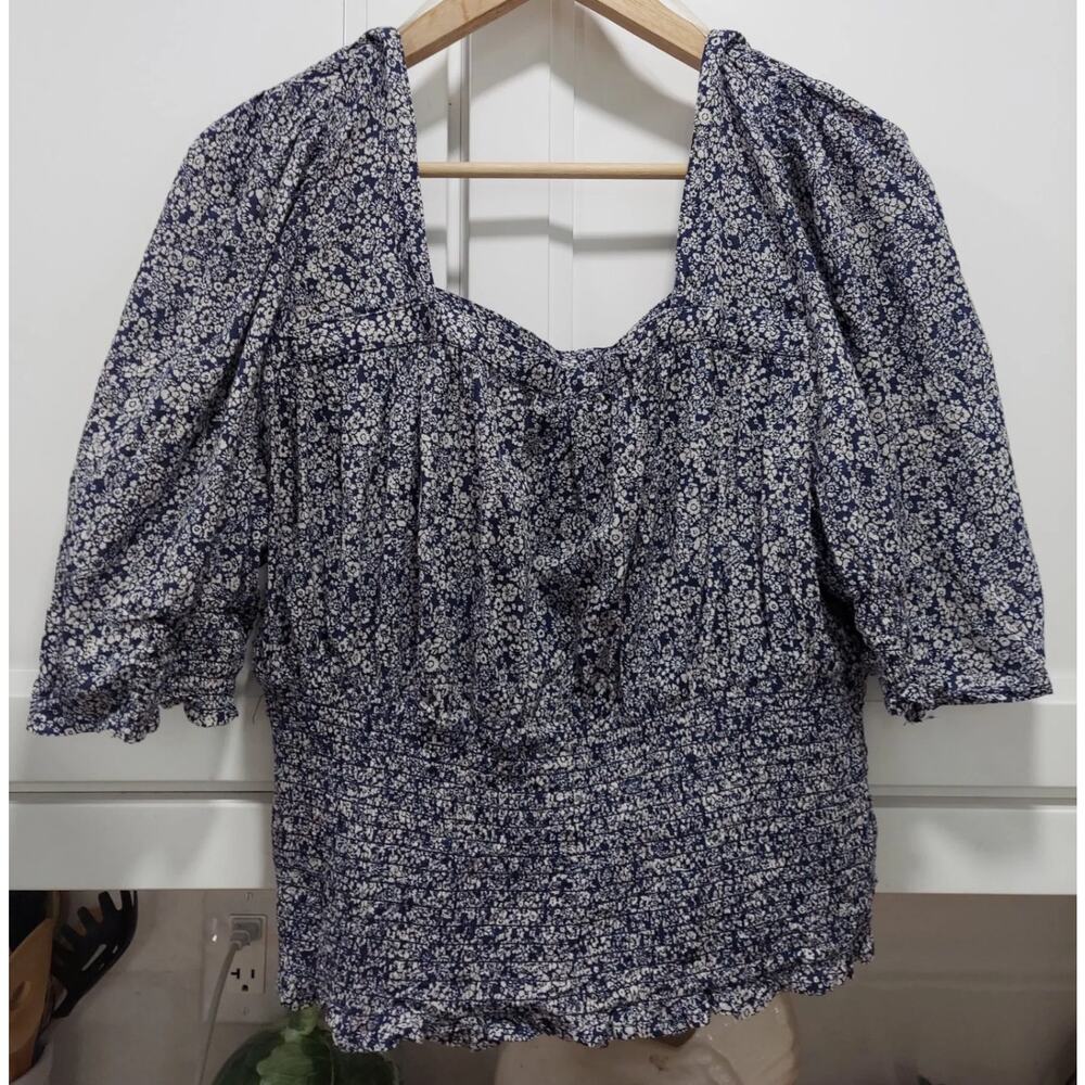 Universal Thread Womens Smocked Blouse Top Size XXL Blue Floral Square Neck